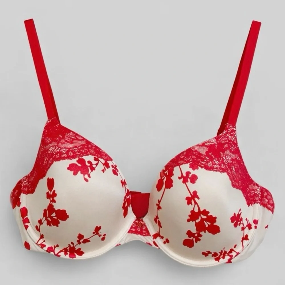 Victoria’s Secret Lined Demi Bra Red Floral Lace Lightly Padded Underwire 36D - Picture 2 of 5
